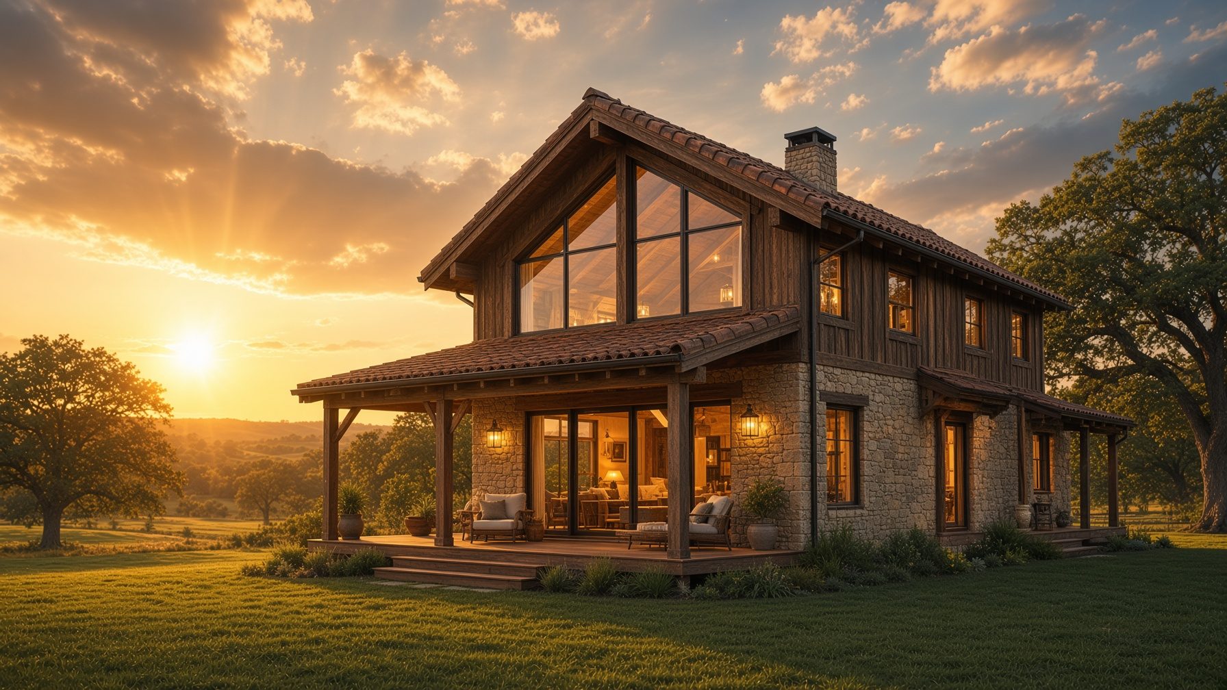 Taş ve ahşap köy evi — revaklı veranda, kiremit çatı, geniş üçgen cam cephe