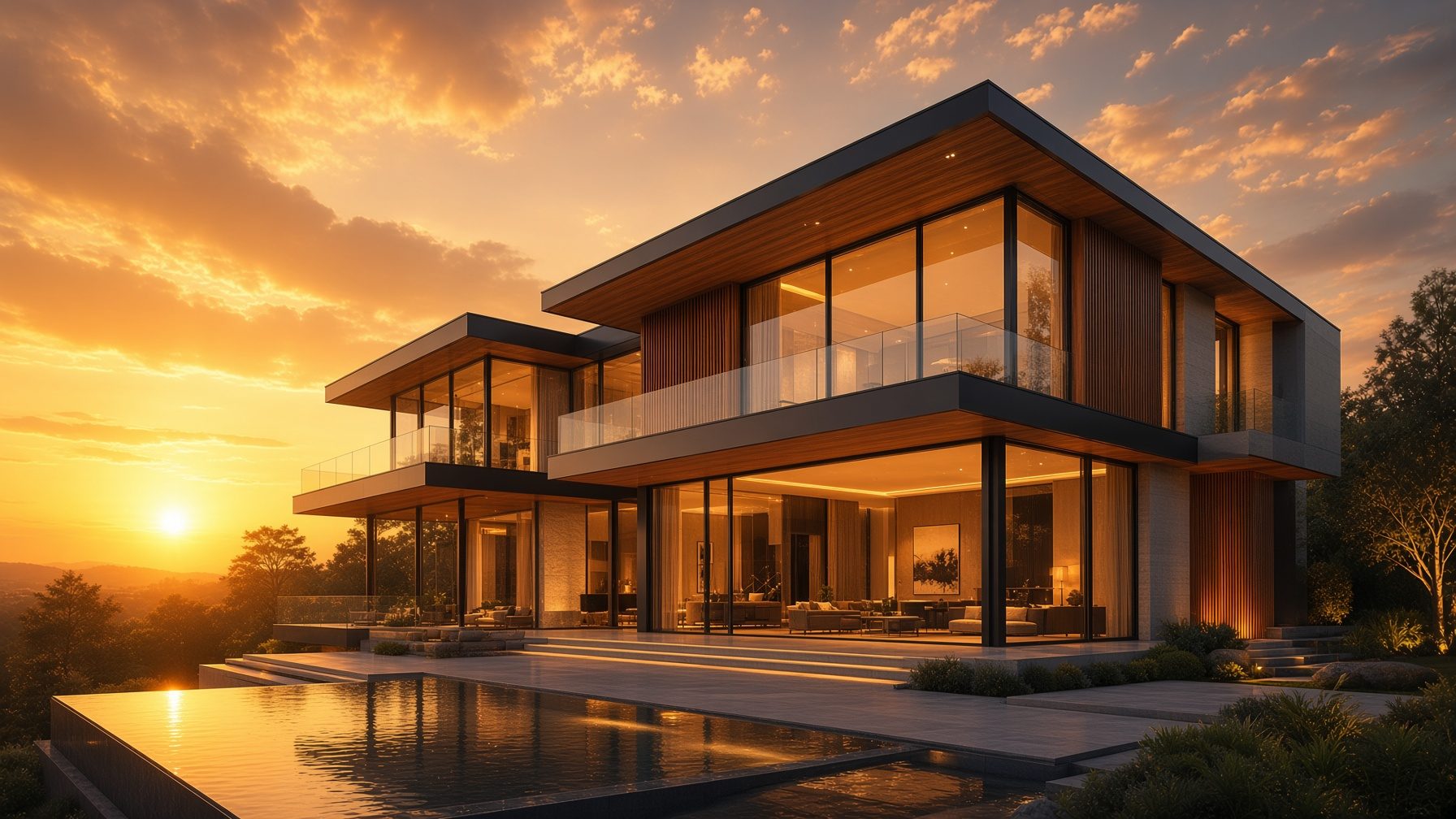 İki katlı modern villa — geniş cam cepheler, ahşap kaplama ve havuzlu teras
